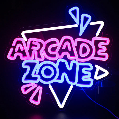 A imagem apresenta uma vibrante placa de LED neon exibindo as palavras "Arcade Zone" em letras grandes e estilizadas.