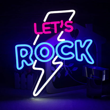 A vibrant LED neon sign displaying the words "Let's Rock" in an eye-catching design.