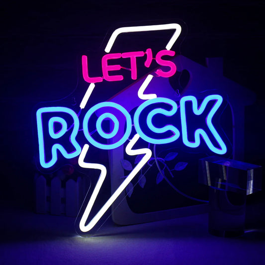 A vibrant LED neon sign displaying the words "Let's Rock" in an eye-catching design.