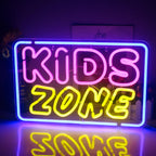 The image features a vibrant LED neon sign displaying the words "Kids Zone" in a playful, colorful font.