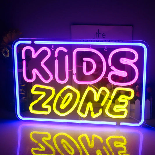 The image features a vibrant LED neon sign displaying the words "Kids Zone" in a playful, colorful font.