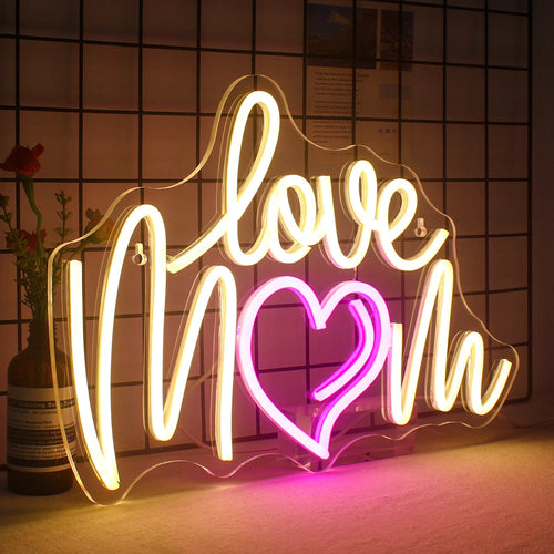 Love Mom – Coração no lugar do O – letreiro de néon LED (5 V USB)