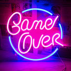 The image showcases a "Game Over" LED neon sign, featuring bold, stylized lettering.