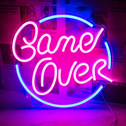 The image showcases a "Game Over" LED neon sign, featuring bold, stylized lettering.