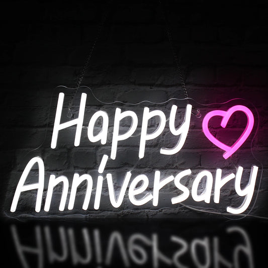 A radiant LED neon sign displaying the words "Happy Anniversary" in elegant, cursive script.