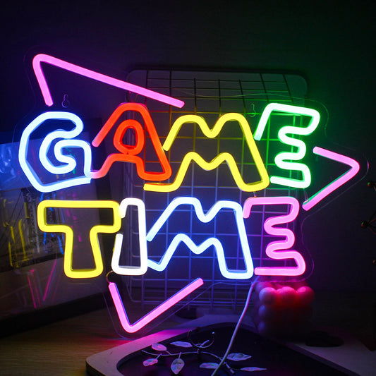 The "Game Time" LED Neon Sign features vibrant, glowing lettering in a classic script font.