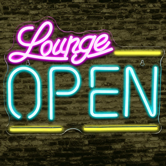 The image displays a vibrant, handmade LED neon sign that reads "Lounge Open.