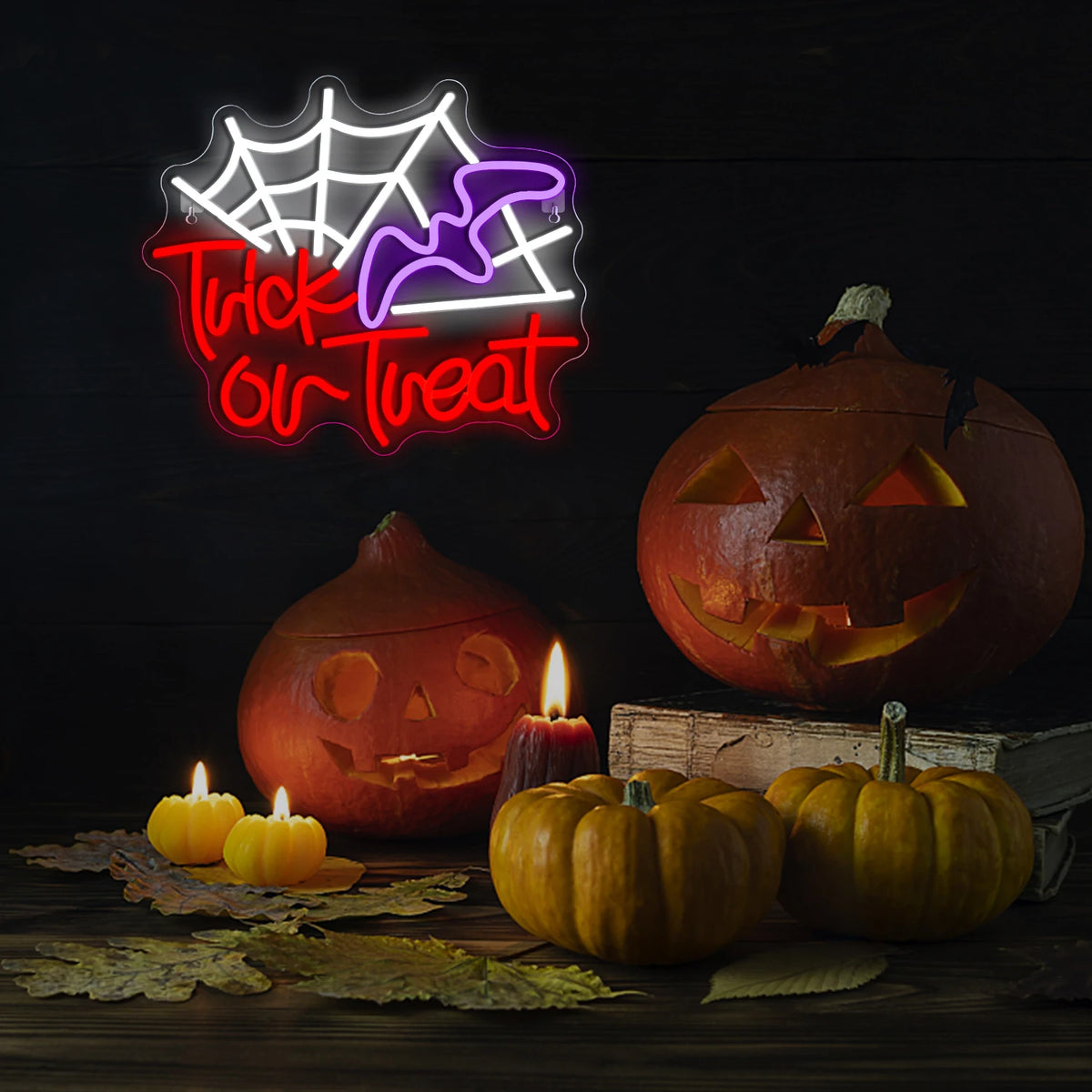 Trick or Treat – Teia de aranha e chapéu de bruxa – letreiro de néon LED (5 V USB)