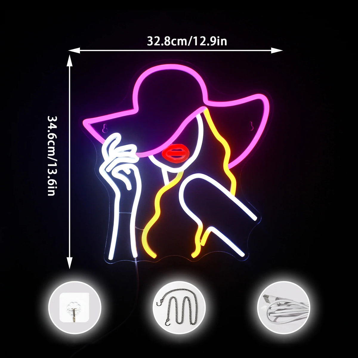 Mulher com chapéu de cowboy – letreiro de néon LED (5 V USB)