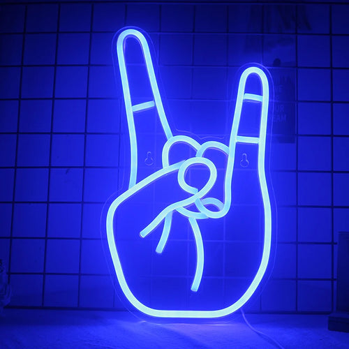 Imagem mostrando um letreiro de LED neon vibrante no formato de um gesto de paz.