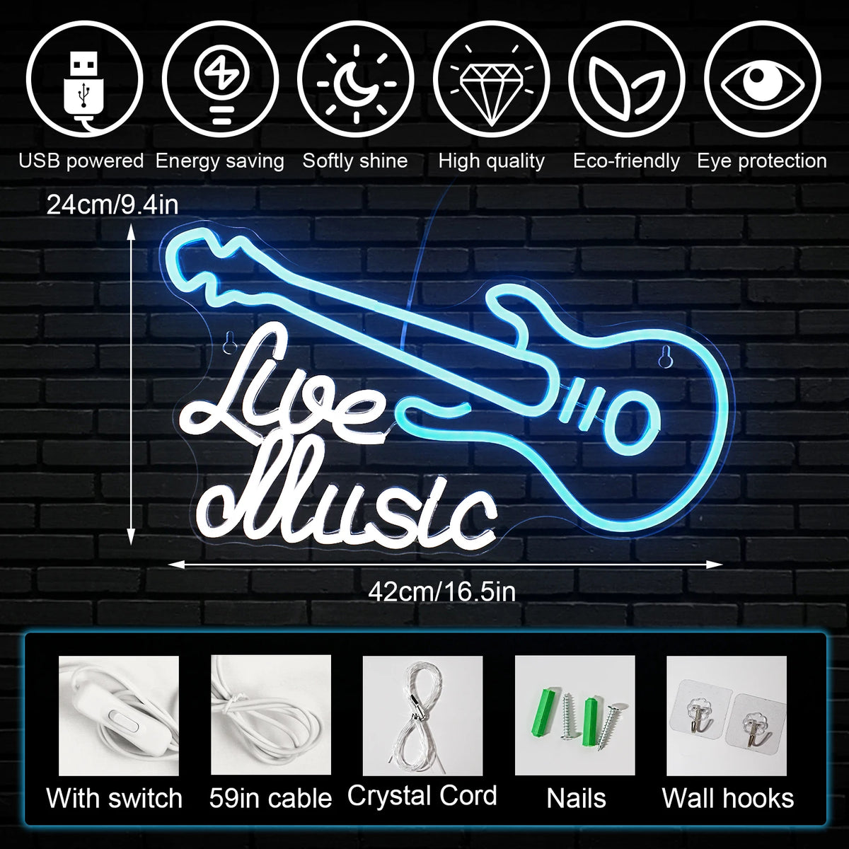 Guitar Live Music 5V USB LED Neon Sign - Budget Friendly