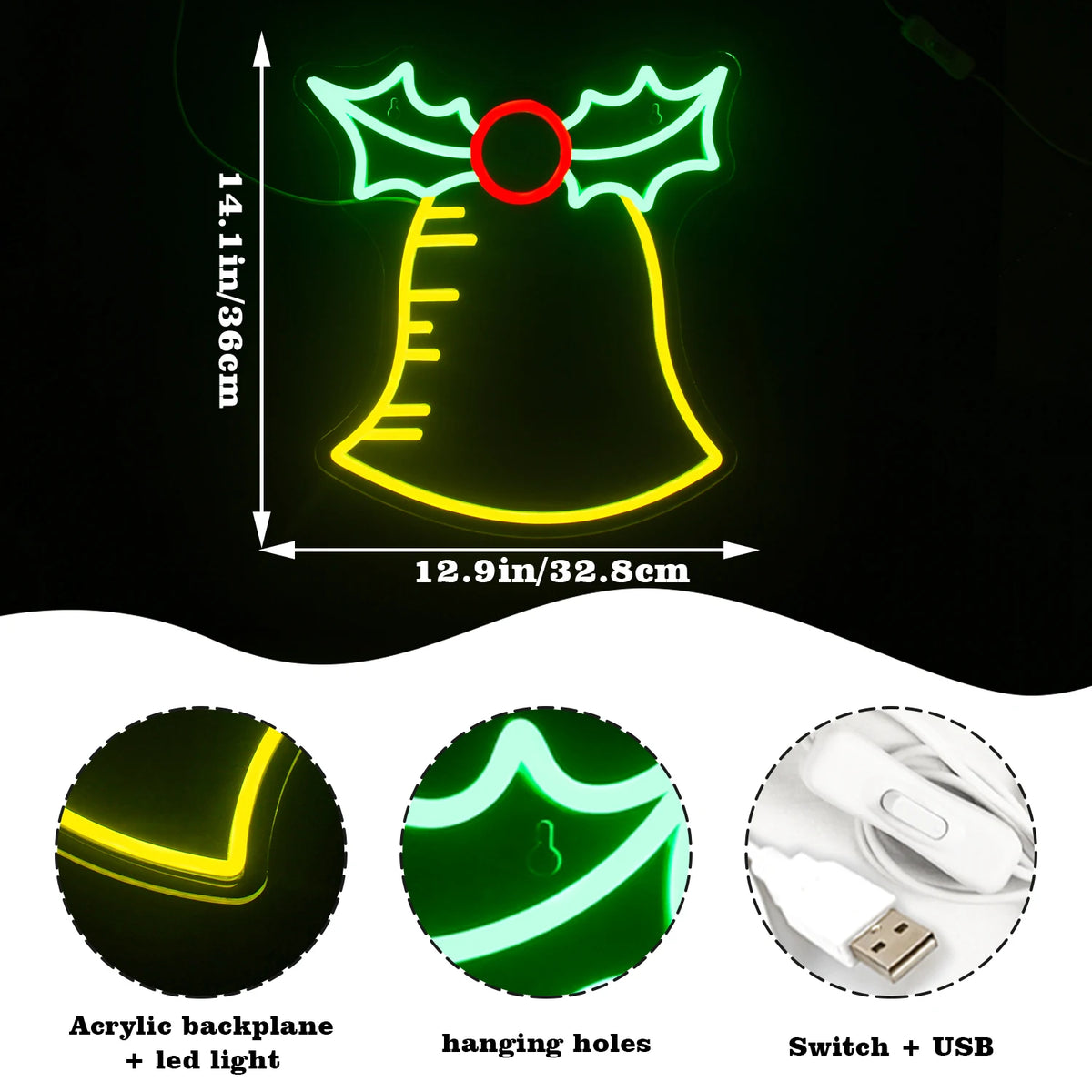 Sino de Natal – letreiro de néon LED (5 V USB)