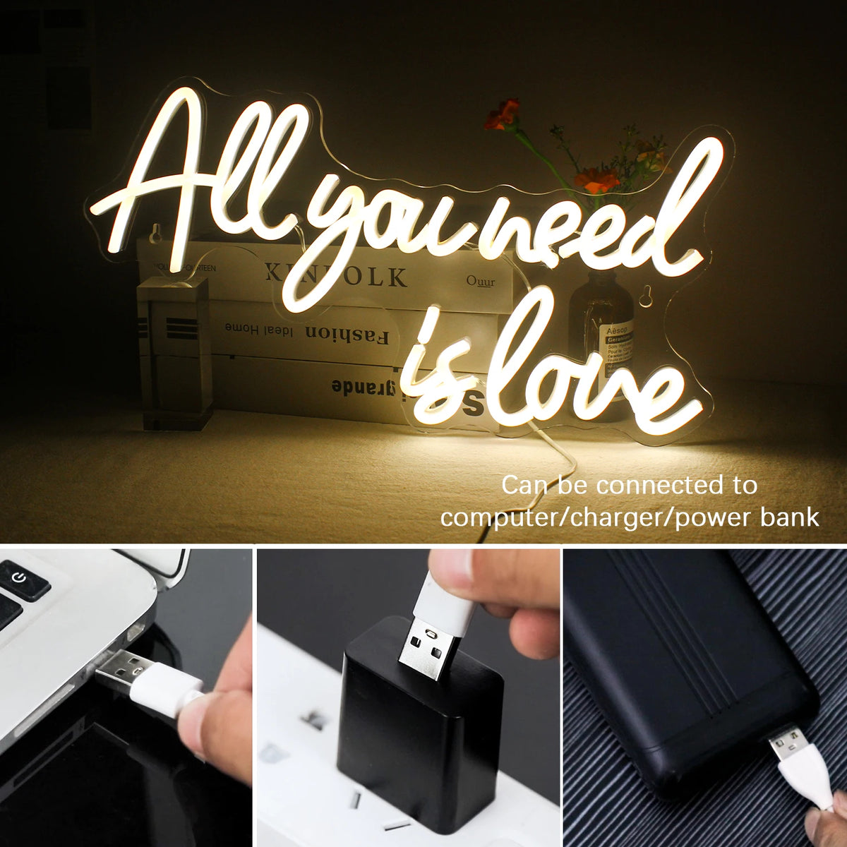 Frases de casamento predefinidas – letreiro de néon LED (5 V USB)