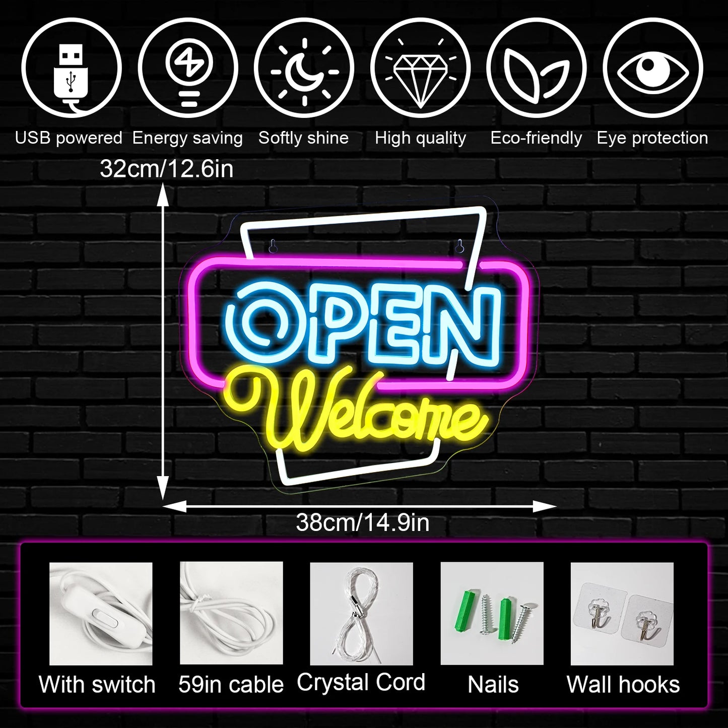 Open Welcome 5V USB LED Neon Sign - Budget Friendly