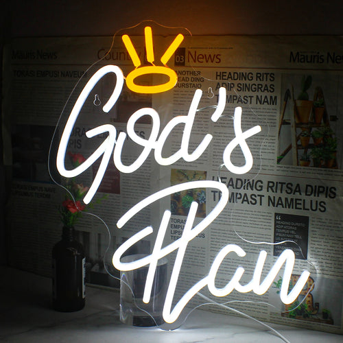 Uma vibrante placa de LED neon exibindo a frase "Plano de Deus" em uma elegante escrita cursiva.