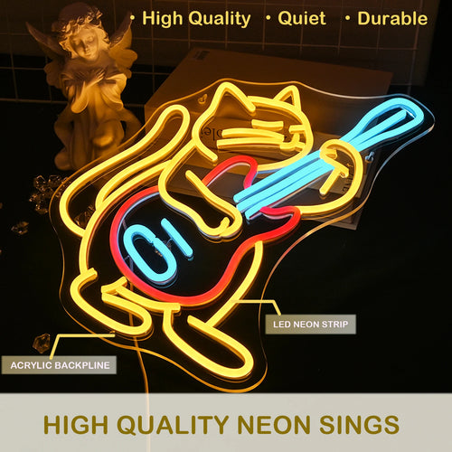 Gato a tocar guitarra – letreiro de néon LED (5 V USB)