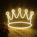 Um letreiro de LED neon vibrante em formato de coroa, com linhas elegantes e finas e um brilho luminoso.