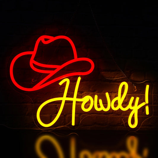 A vibrant LED neon sign in the shape of a cowboy hat, with the word "Howdy" elegantly integrated into the design.