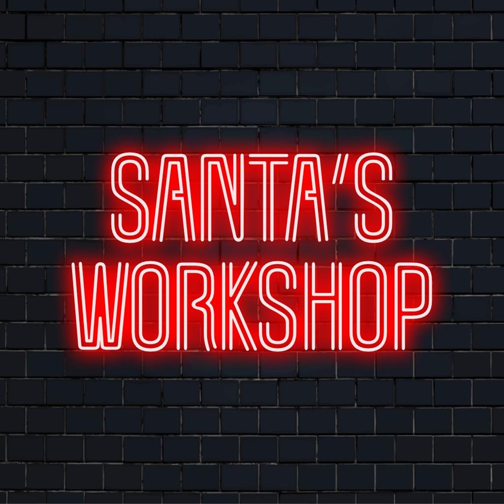 Decoração LED brilhante da Oficina do Papai Noel; luz neon vibrante e personalizada, perfeita para celebrações festivas de fim de ano.