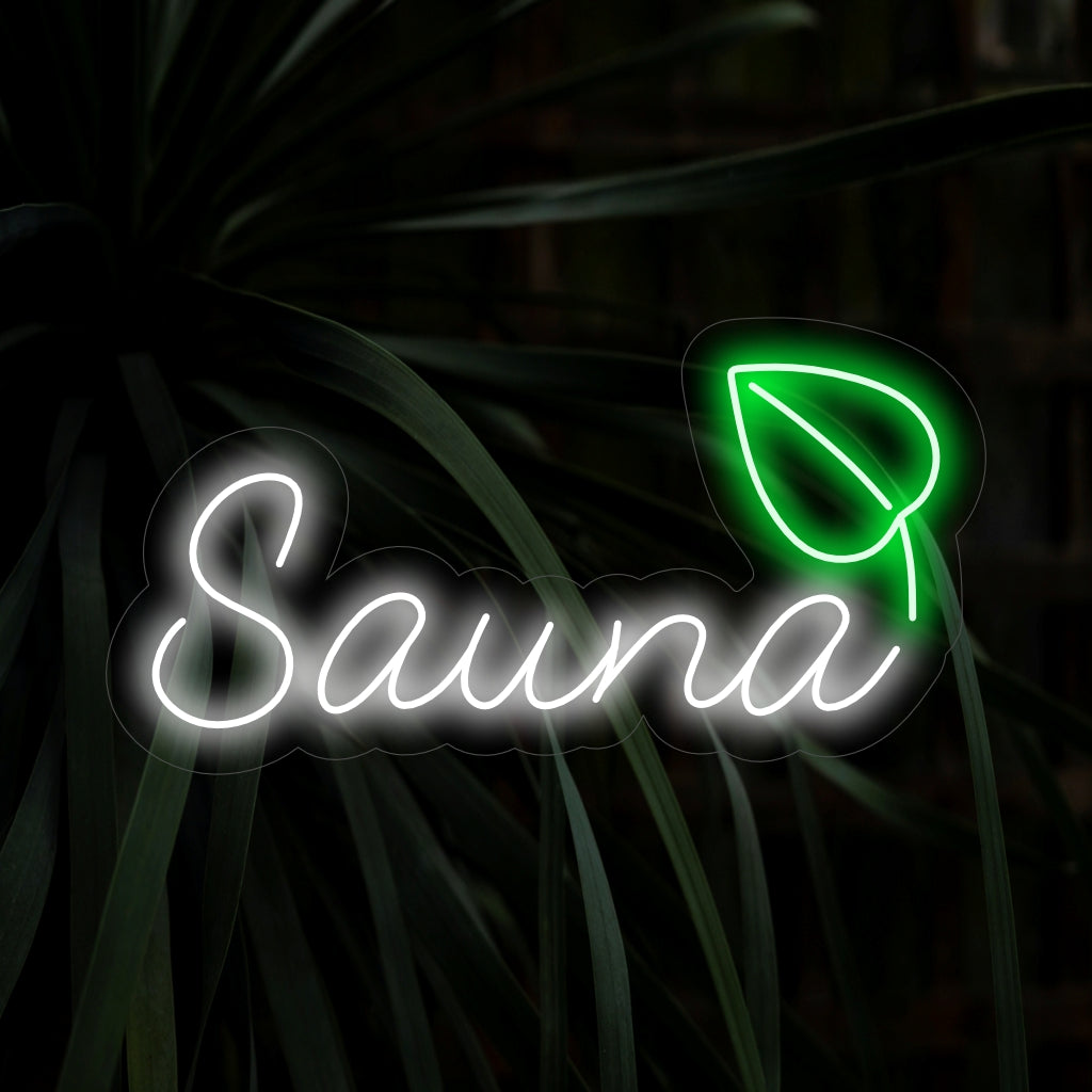 "Placa de néon de sauna e folhas" irradia tranquilidade com seu design suave, adicionando um toque convidativo e natural ao interior do seu spa ou bem-estar.