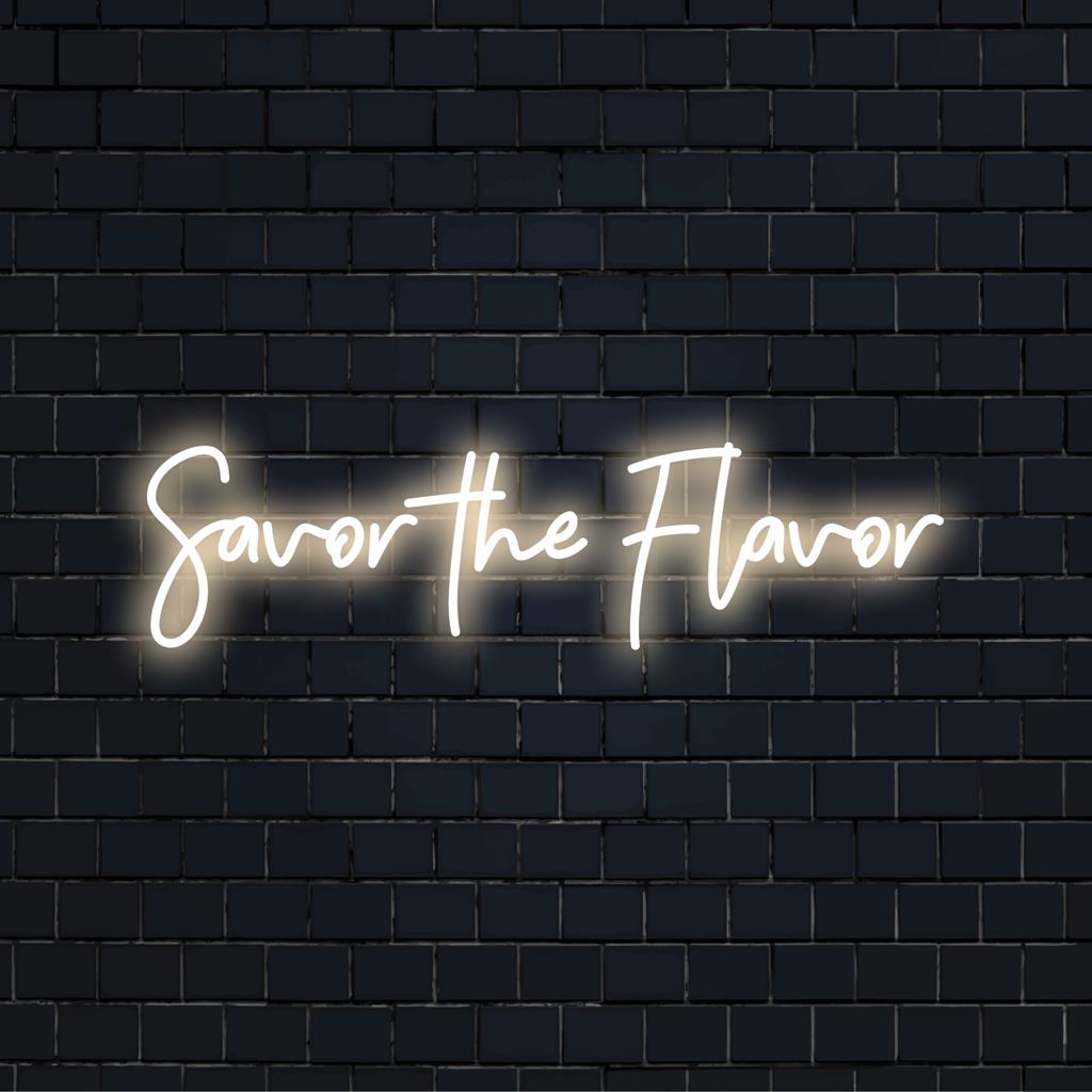 Sabor Brilhante O letreiro LED neon Flavor, perfeito para decoração moderna, captura a estética moderna e o estilo de iluminação ambiente.