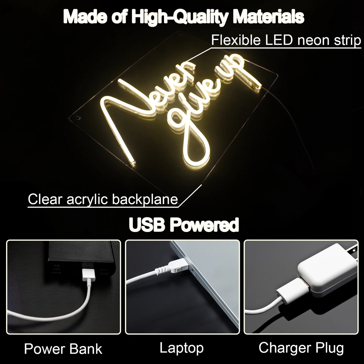 Letreiro de LED "Nunca Desista" 5V USB - Econômico