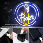 Beer – Garrafa de cerveja numa moldura circular – reclame luminoso em néon LED (5 V USB)