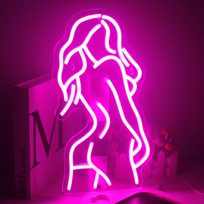 The image features a stylish and artistic LED neon sign crafted in the shape of a sexy lady's silhouette.