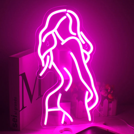 The image features a stylish and artistic LED neon sign crafted in the shape of a sexy lady's silhouette.