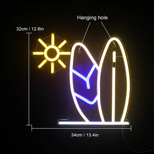 Sol e prancha de surf – letreiro de néon LED (5 V USB)