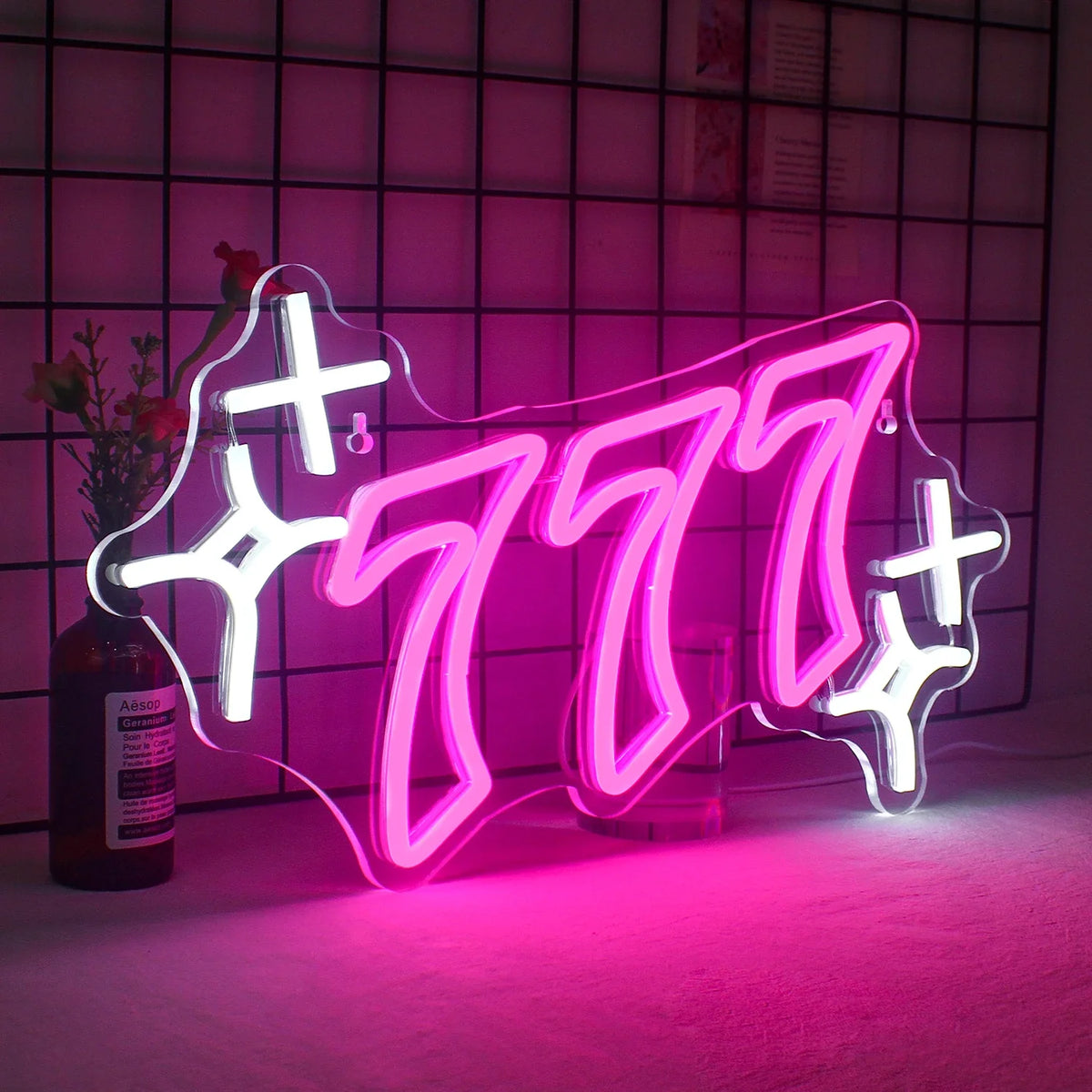 777 – Número da sorte e estrelas – letreiro de néon LED (5 V USB)