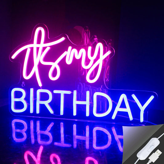 The image features a vibrant, handmade LED neon sign that spells out "My Birthday" in elegant, cursive lettering.