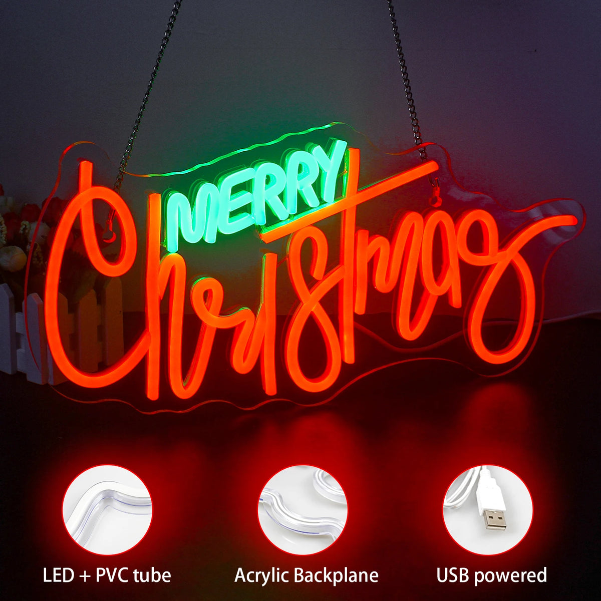 Merry Christmas – letreiro de néon LED (5 V USB)