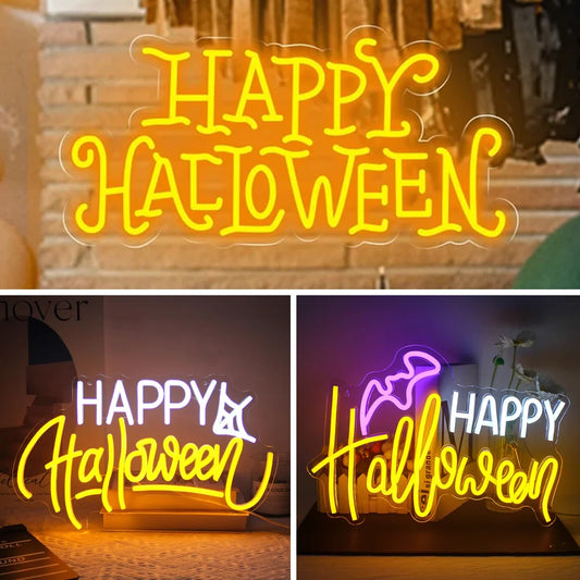 Uma vibrante placa de LED neon com os dizeres "Feliz Dia das Bruxas" se ilumina contra um fundo escuro.