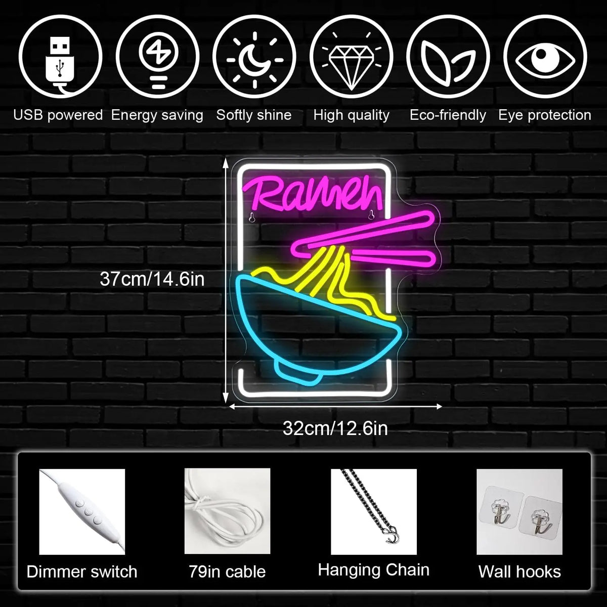 Ramen – Tigela de noodles e pauzinhos – reclame luminoso em néon LED (5 V USB)