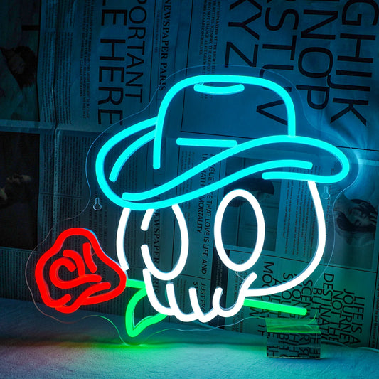 An illuminated LED neon sign featuring a stylized cowboy skull adorned with a classic cowboy hat.