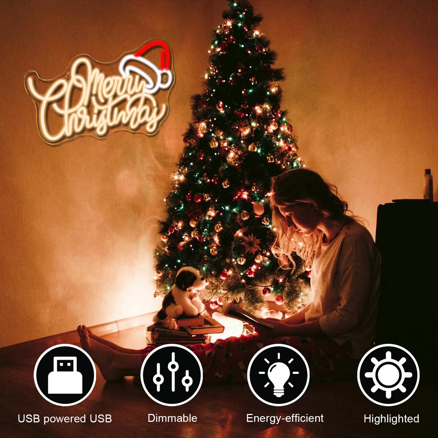 Warm Merry Christmas 5V USB LED Neon Sign - Budget Friendly