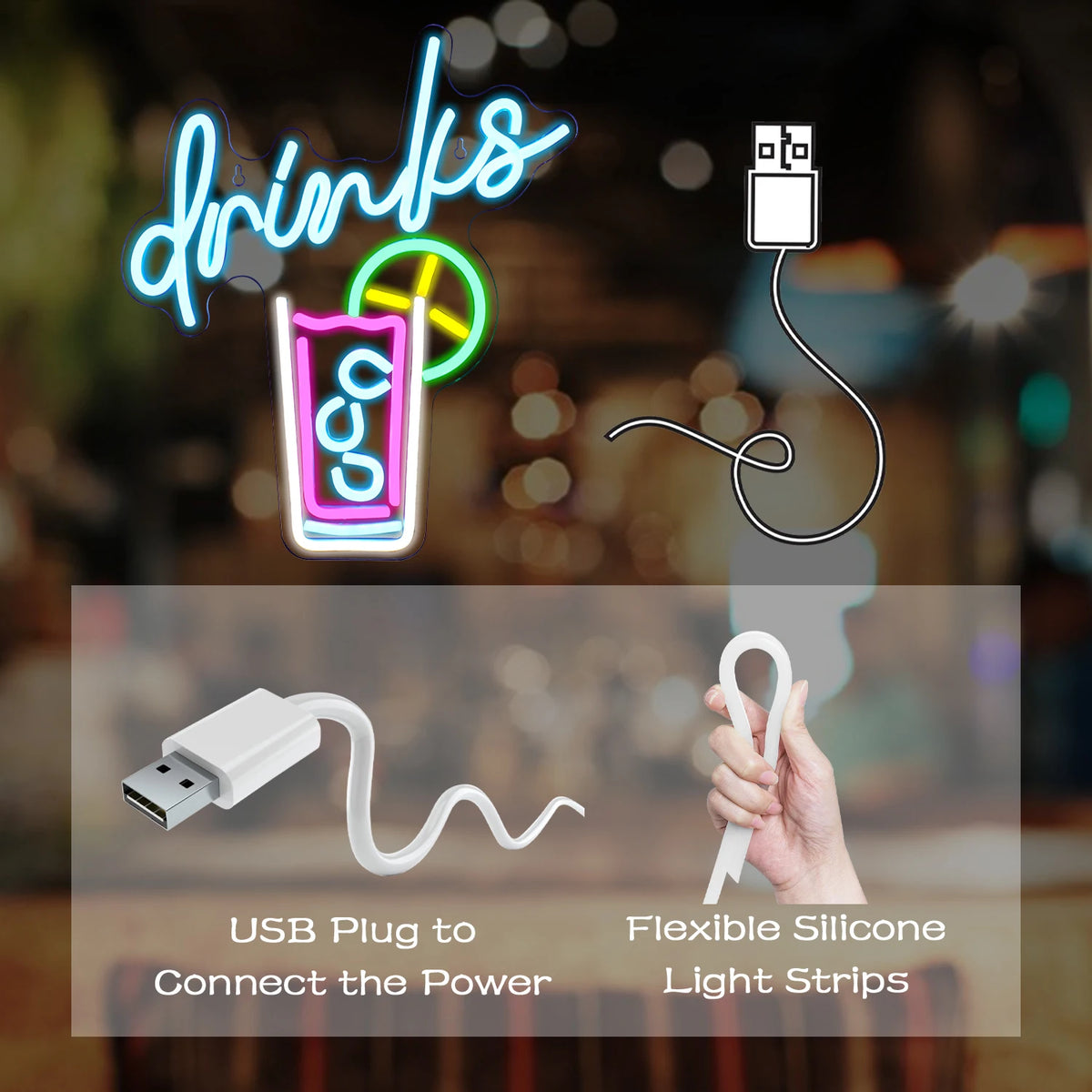 drinks – Copo com palhinha e rodela de citrino – reclame luminoso em néon LED (5 V USB)