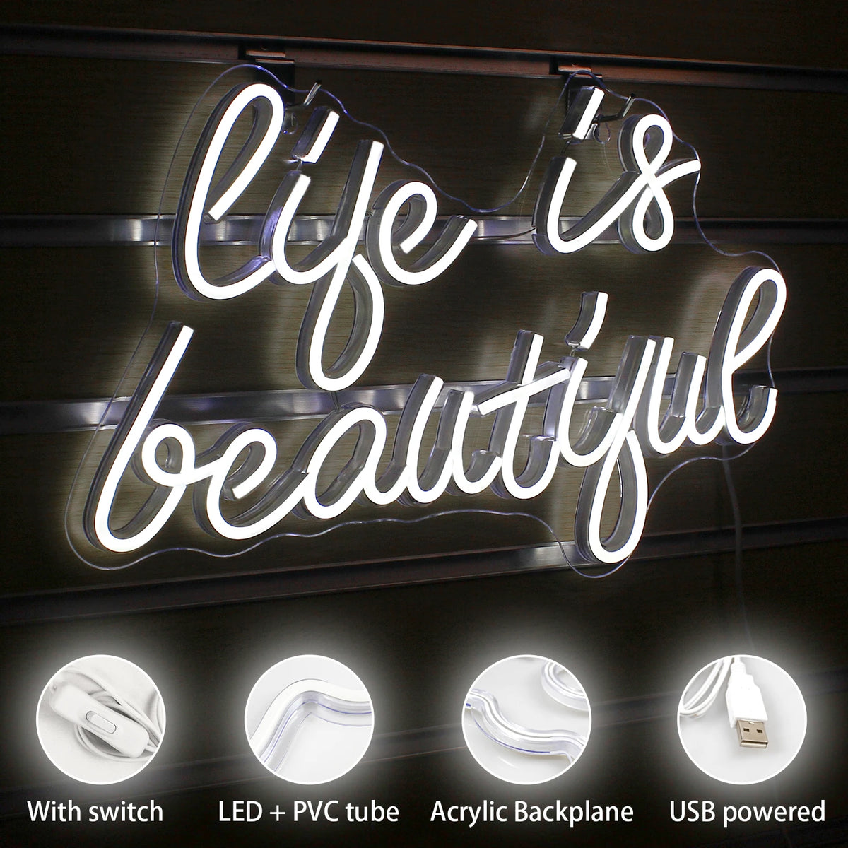 Life is Beautiful – letreiro de néon LED (5 V USB)
