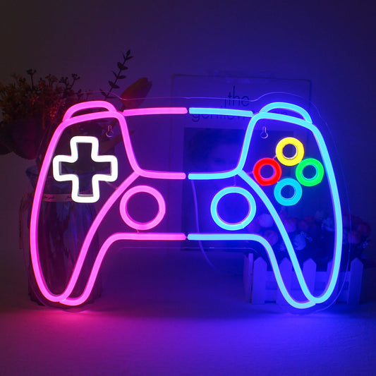 A vibrant and visually striking LED neon sign in the shape of a classic games console.