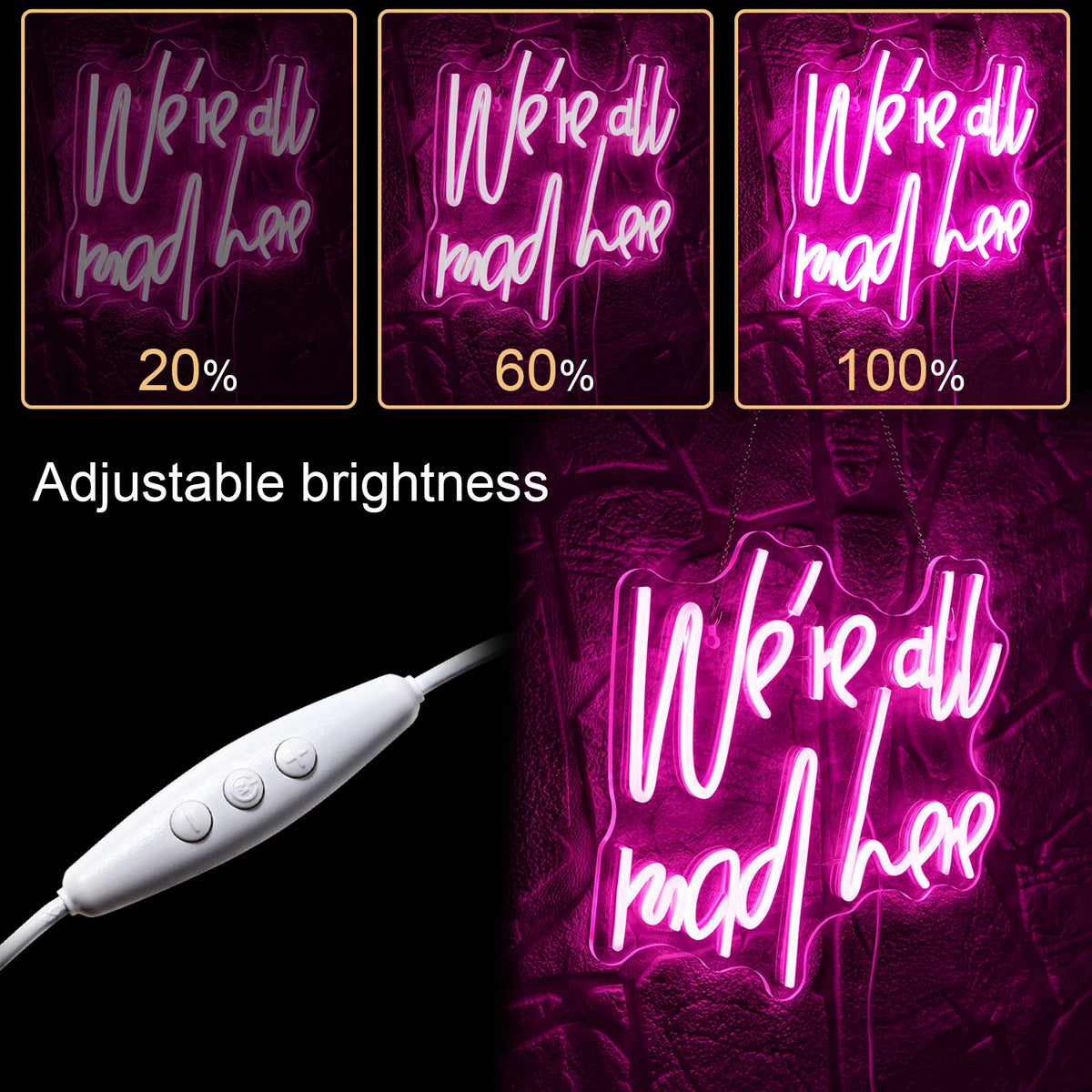 We're All Mad Here – letreiro de néon LED (5 V USB)