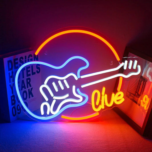 The image features a vibrant LED neon sign crafted in the shape of an electric guitar.