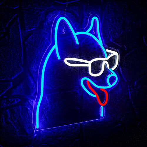 Um letreiro de LED neon vibrante em formato de silhueta de cachorro.