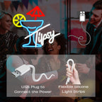Tipsy – Copo de cocktail com sombrinha e rodela de citrino – reclame luminoso em néon LED (5 V USB)