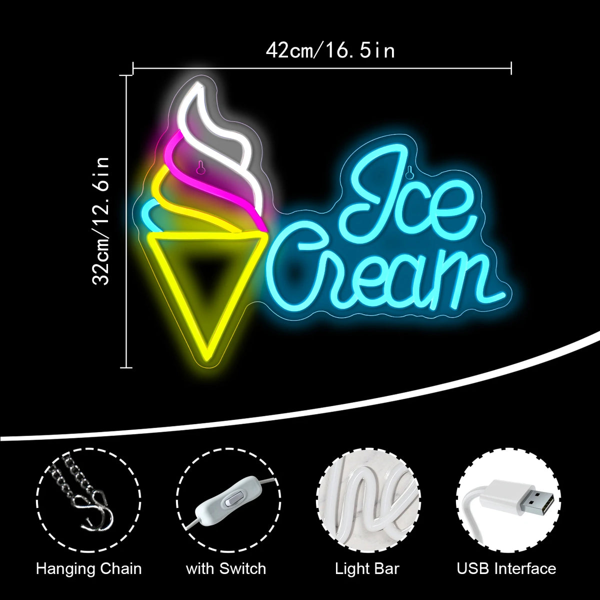 Ice Cream – Cone de gelado na lateral – reclame luminoso em néon LED (5 V USB)