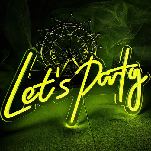 A imagem exibe uma vibrante placa de LED neon com os dizeres "Let's Party".
