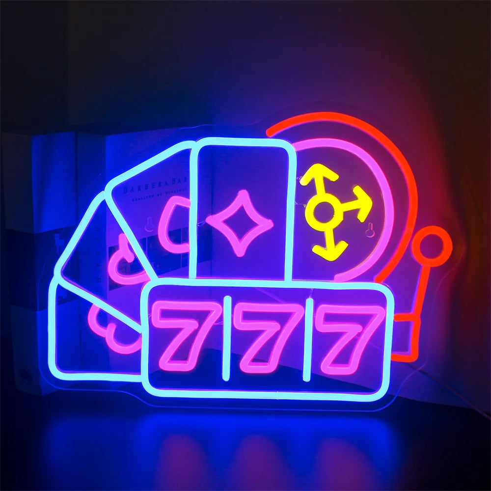 The image showcases a vibrant, handmade LED neon sign that reads "Luck 777.