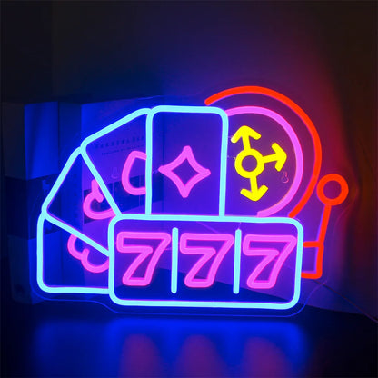 The image showcases a vibrant, handmade LED neon sign that reads "Luck 777.