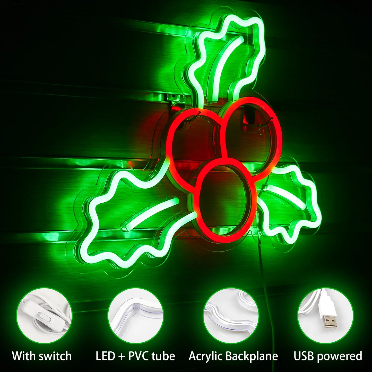 Decoração de Natal com Frutas de Azevinho 5V USB Letreiro de LED - Econômico