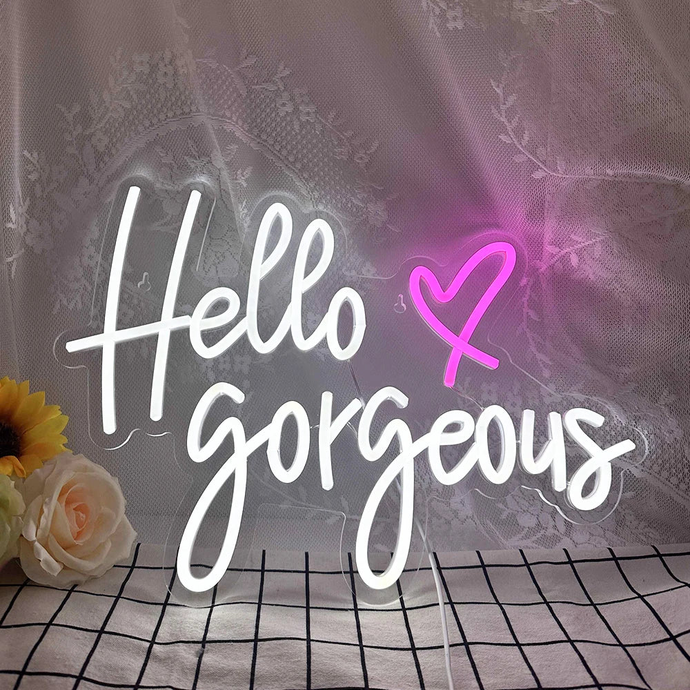 Hello Gorgeous – Coração – reclame luminoso em néon LED (5 V USB)
